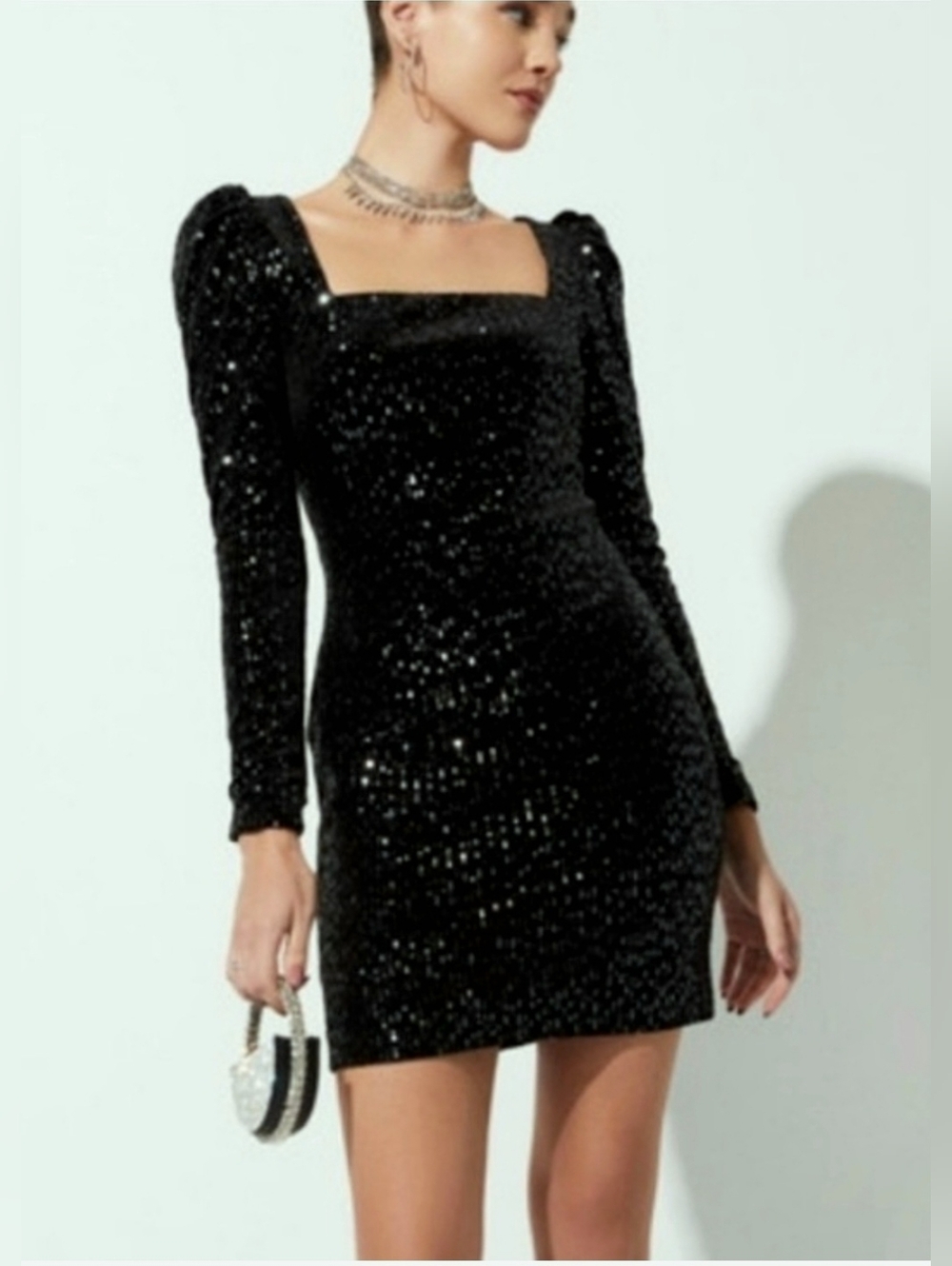 Audrey Parks Black Sequin Square-Neck Mini Dress Stretch Puff Long Sleeve